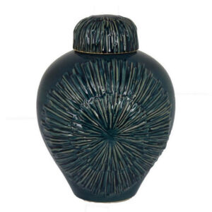 Accent Flower Vase w Lid, Rich Textured Deep Blue Ceramic, 13 Inch