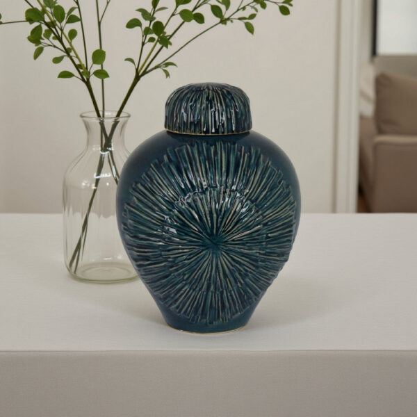 Accent Flower Vase w Lid, Rich Textured Deep Blue Ceramic, 13 Inch