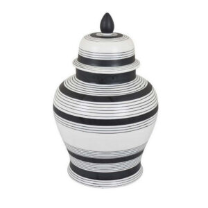 Decorative Jar w Lid, Minimalist Contrast, White Blue Lines, 16 Inch
