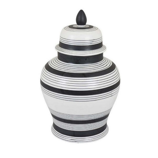 Decorative Jar w Lid, Minimalist Contrast, White Blue Lines, 16 Inch