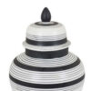 Decorative Jar w Lid, Minimalist Contrast, White Blue Lines, 16 Inch