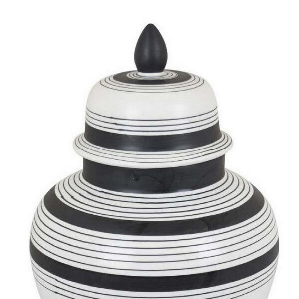 Decorative Jar w Lid, Minimalist Contrast, White Blue Lines, 16 Inch