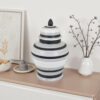 Decorative Jar w Lid, Minimalist Contrast, White Blue Lines, 16 Inch