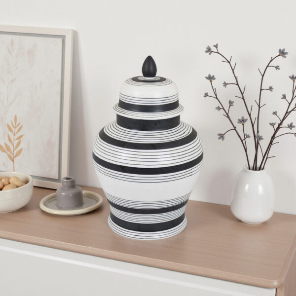 Decorative Jar w Lid, Minimalist Contrast, White Blue Lines, 16 Inch