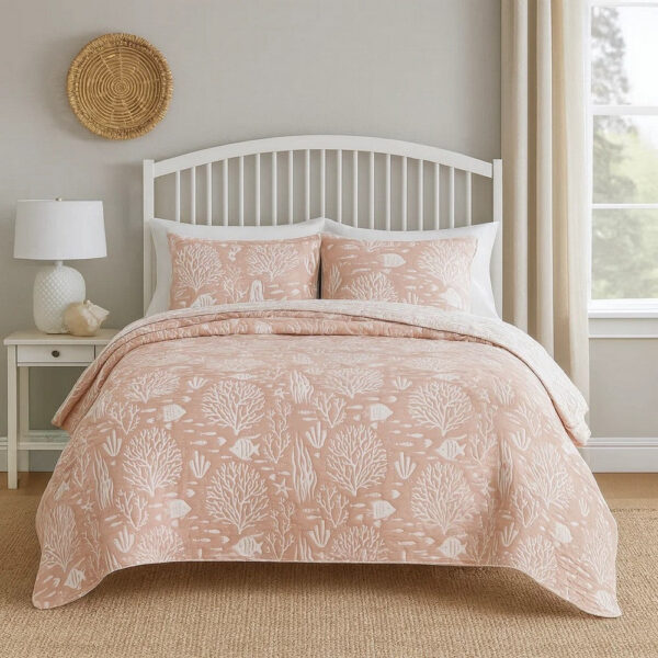 Amy 3 Piece Queen Quilt Set, Coastal Theme, Soft Pink White Polyester