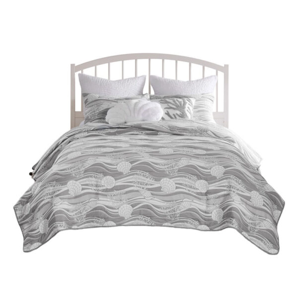 Doz 3pc Queen Size Coverlet Set, Coastal Matelasse, Harbor Gray, White