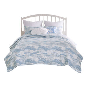 Doz 3pc Queen Size Coverlet Set, Coastal Matelasse, Tidal Blue, White