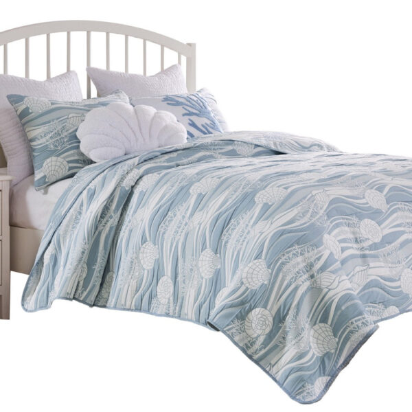 Doz 3pc King Size Coverlet Set, Coastal Matelasse, Tidal Blue, White