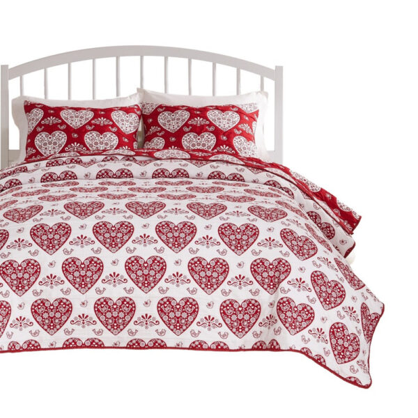 Liv 3pc Queen Size Coverlet Set, Woven Jacquard Matelasse, Red, White