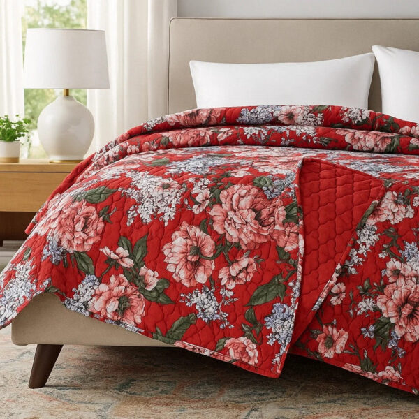 Milz 50x60 Quilted Throw Blanket, Cotton, Polyester, Red Floral Print