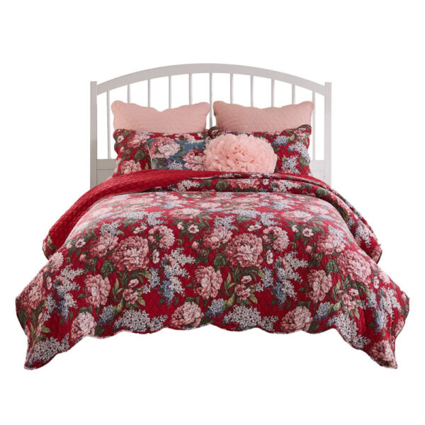 Milz 2pc Twin Size Quilt Set, Cotton, Polyester, Garnet Red Florals
