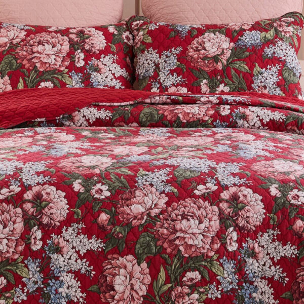 Milz 2pc Twin Size Quilt Set, Cotton, Polyester, Garnet Red Florals