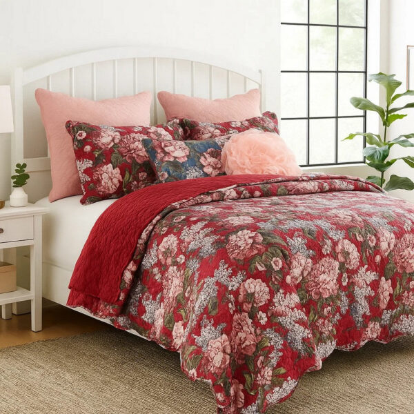 Milz 2pc Twin Size Quilt Set, Cotton, Polyester, Garnet Red Florals