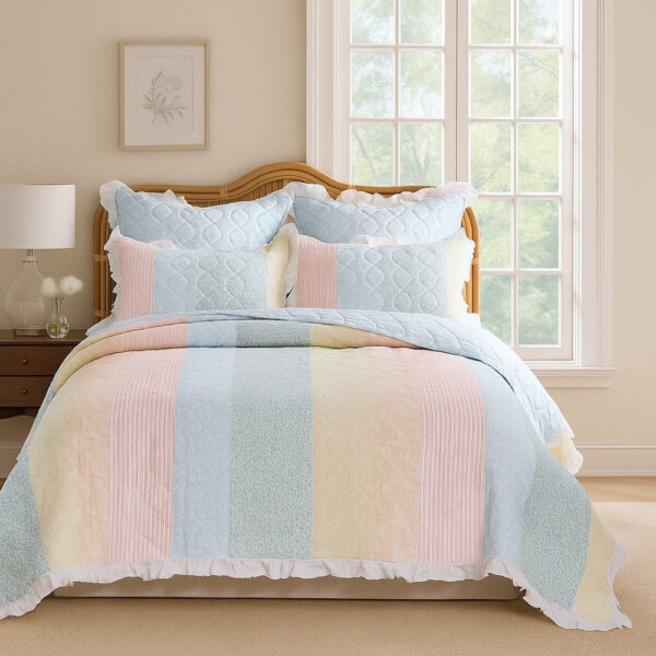 Tisy 2pc Twin Size Quilt Set, Cotton, Polyester, Pastel Color Stripes