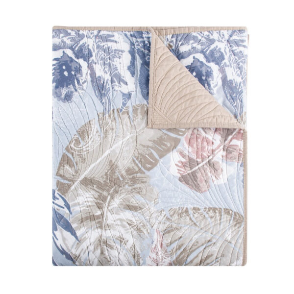 Heli 50x60 Quilted Throw Blanket, Blue Pink, Khaki Tropical Print