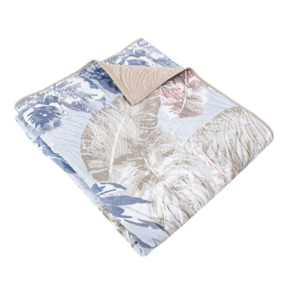 Heli 50x60 Quilted Throw Blanket, Blue Pink, Khaki Tropical Print