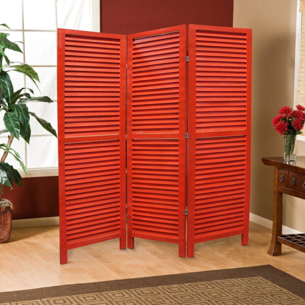 3 Panel Foldable Wooden Shutter Screen with Straight Legs, Red