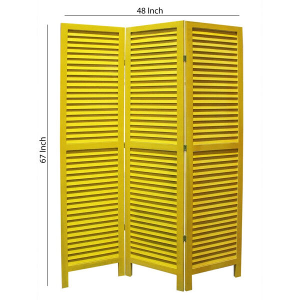 3 Panel Foldable Wooden Shutter Screen with Straight Legs, Yellow