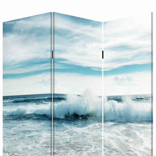 Foldable Canvas Screen with Ocean Shore Print and 3 Panels, Multicolor