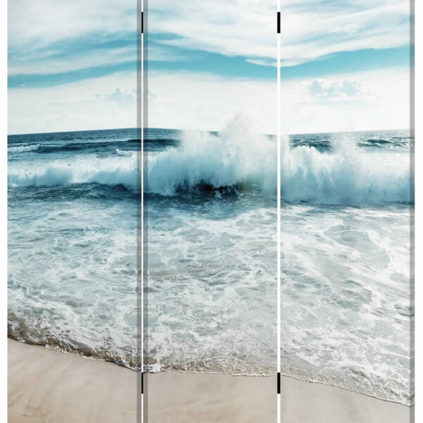 Foldable Canvas Screen with Ocean Shore Print and 3 Panels, Multicolor