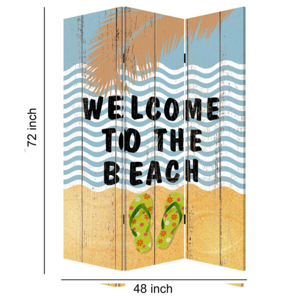 Foldable Canvas Screen with Beach Print and 3 Panels, Multicolor