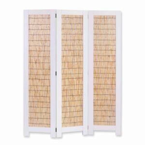 Transitional 3 Panel Wooden Screen with Wicker Paneling, White and Brown