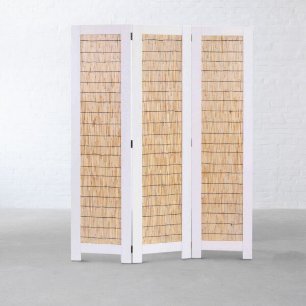 Transitional 3 Panel Wooden Screen with Wicker Paneling, White and Brown