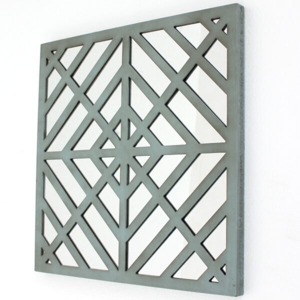 Contemporary Mirrored Wall Decor Set of 2 with Geometric Overlay on Top, Blue and Silver