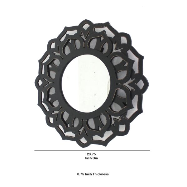 Wooden Mirror Blooming Lotus Wall Decor Set of 2 with Floral Engraving, Black