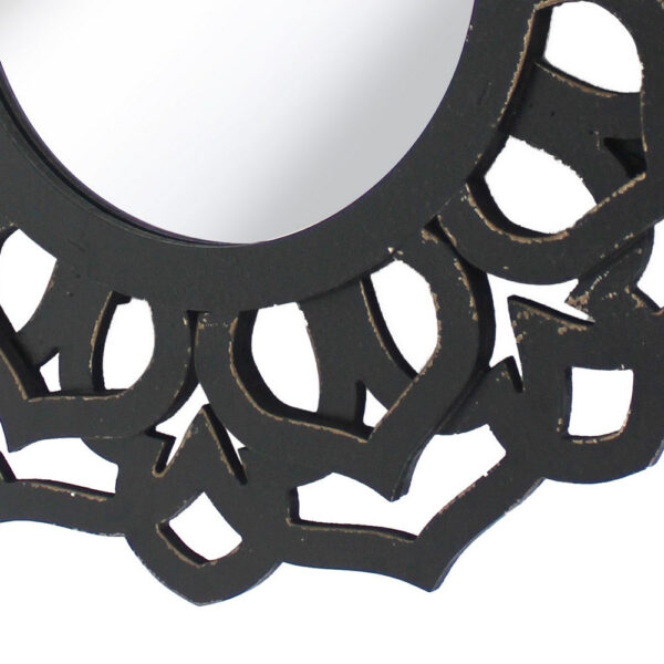 Wooden Mirror Blooming Lotus Wall Decor Set of 2 with Floral Engraving, Black