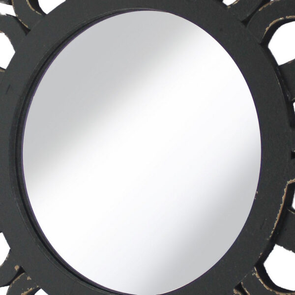 Wooden Mirror Blooming Lotus Wall Decor Set of 2 with Floral Engraving, Black