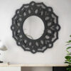 Wooden Mirror Blooming Lotus Wall Decor Set of 2 with Floral Engraving, Black