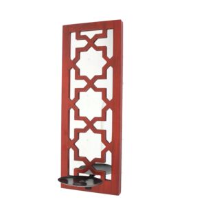 17 Inch Mirrored Wall Art Set of 2, Candle Holder Sconce, Lattice Design, Red