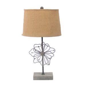 Metal Table Lamp Set of 2 with Flower Accent and Block Base,Beige and Gray