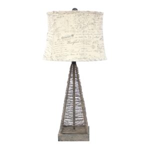 Metal Pyramid Base Table Lamp Set of 2 with Wire Design and Scripted Shade, Gray