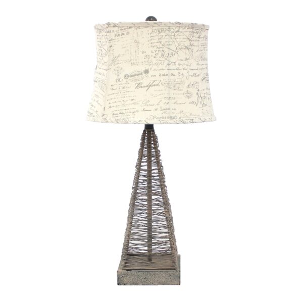 Metal Pyramid Base Table Lamp Set of 2 with Wire Design and Scripted Shade, Gray