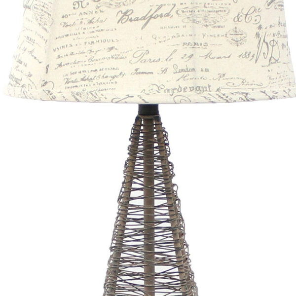Metal Pyramid Base Table Lamp Set of 2 with Wire Design and Scripted Shade, Gray