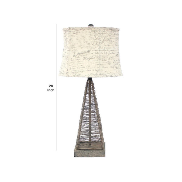 Metal Pyramid Base Table Lamp Set of 2 with Wire Design and Scripted Shade, Gray