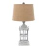 Metal Temple Design Base Table Lamp with Fabric Shade, Beige and Gray