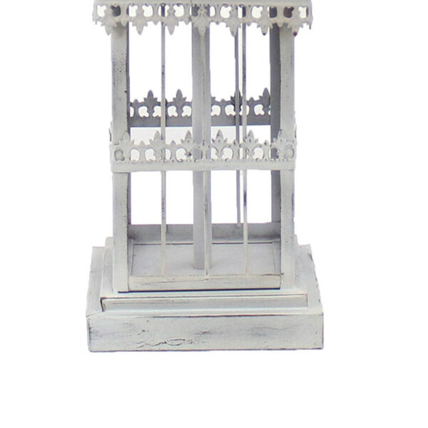 Metal Temple Design Base Table Lamp with Fabric Shade, Beige and Gray