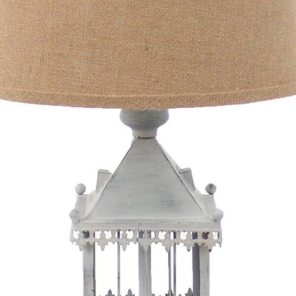Metal Temple Design Base Table Lamp with Fabric Shade, Beige and Gray