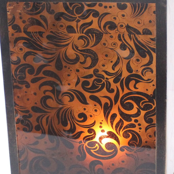 Cuboidal Metal and Glass Filigree Candleholder, Black and Clear