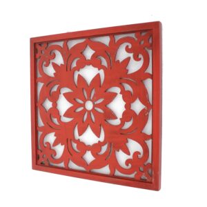 Set of 2 Square Wooden Floral Wall Plaque, Red
