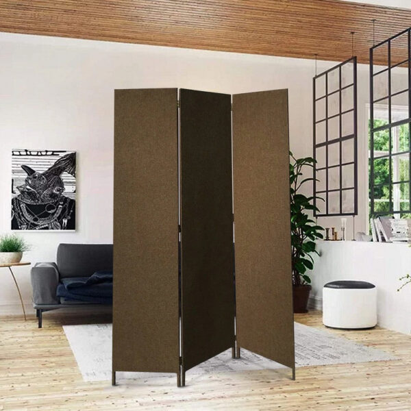 3 Panel Fabric Upholstered Wooden Screen with Straight Legs, Brown