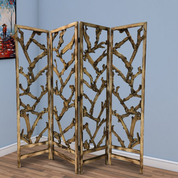 4 Panel Wooden Screen with Mulberry Alpine Like Branches Design, Brown