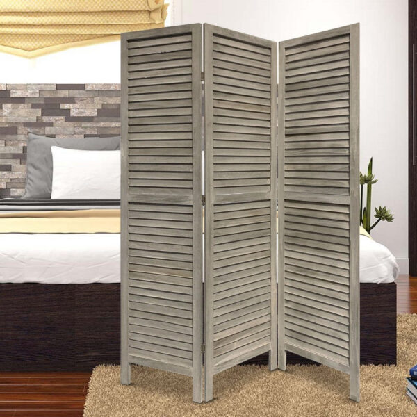 Wooden 3 Panel Shutter Screen with Fitted Slats, Gray