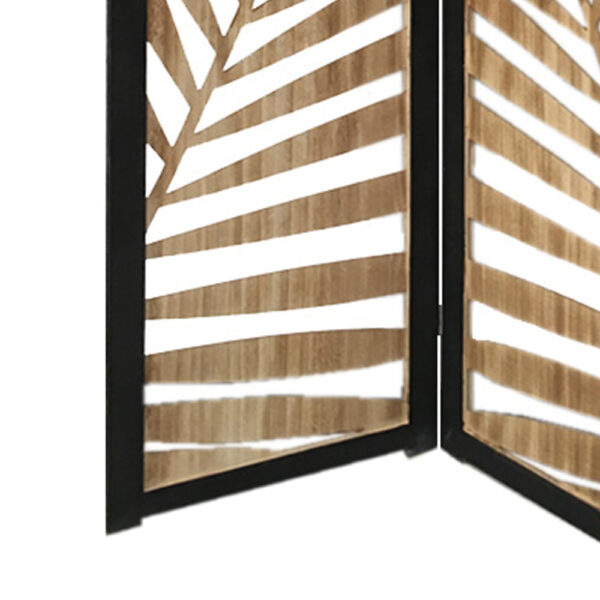 3 Panel Wooden Screen with Laser Cut Tropical Leaf Design, Brown and Black