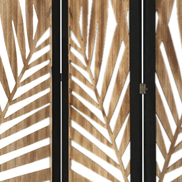 3 Panel Wooden Screen with Laser Cut Tropical Leaf Design, Brown and Black