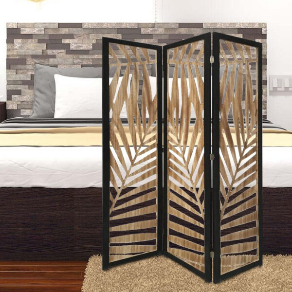 3 Panel Wooden Screen with Laser Cut Tropical Leaf Design, Brown and Black
