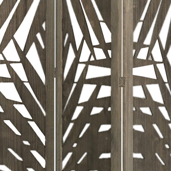 3 Panel Wooden Screen with Laser Cut Tropical Leaf Design, Gray